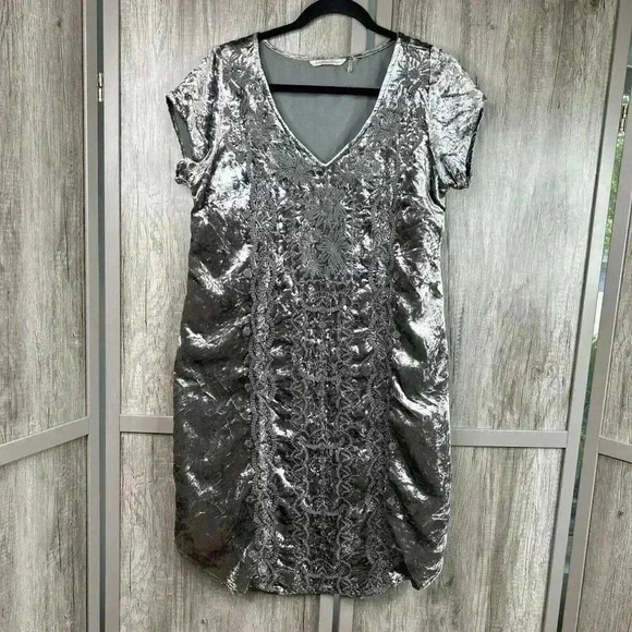 Soft Surroundings Dress Small Short Sleeve Crushed Velvet Embroidered Boho Gray - Picture 1 of 6